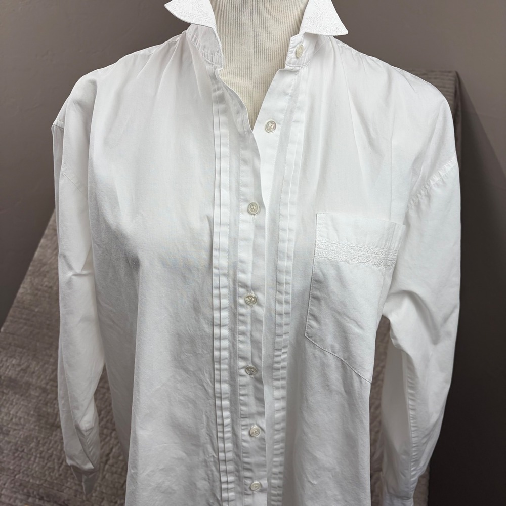 Vintage Gap White Cotton Lace Trim Tuxedo Pleat Button Down Shirt Womens Medium